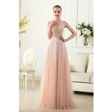 China Elegant onzichtbare tule mouwloze kralen vloerlengte naakt lange avondjurk fabriek fabrikant