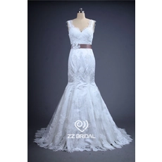 China Alta alcinhas personalizado feito com cinto de laço sem encosto flor handmade vestido de noiva sereia fabricante