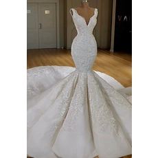 porcelana El último diseño de lujo de encaje sirena sexy tren largo Vestido De Novia cuello en V vestido de novia vestido de novia 2019 fabricante