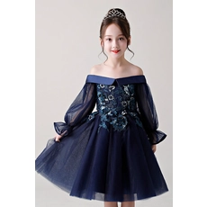 China Mais recente projeto princesa fora do ombro azul escuro meninas vestido 3-8 Y design fabricante