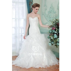 China Layered querida organza laço appliqued frisado sereia lace-up vestido de noiva China fabricante