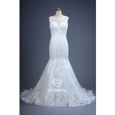 China Nova ilusão chegada corpete completo sereia vestido de casamento de renda appliqued fabricados na China fabricante