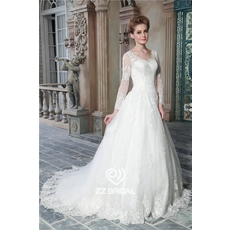Chine Nouvelle arrivée à manches longues col en V dentelle appliqued une ligne fournisseur de robe de mariée fabricant