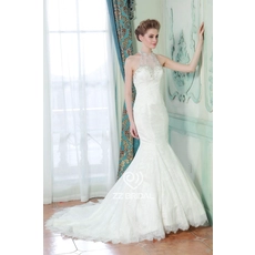 China Registe contas de costura penduradas sem mangas pescoço rendas applique fuga vestido de noiva fishtail fabricante