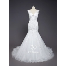 Chiny ZZ bridal V-neck and V-back lace appliqued mermaid wedding dress producent