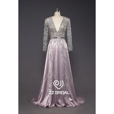 China ZZ bruids diepe v-hals lange mouw beaded lange avondjurk fabrikant