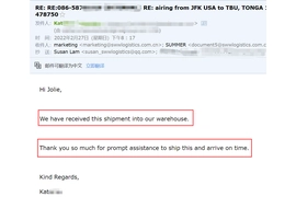 Ang customer ng air freight mula sa United States papuntang Tonga ay nagpapasalamat sa Sunny Worldwide Logistics team