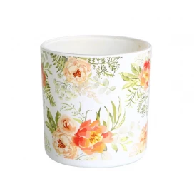 China spray color milk white candle glass jars with custom full color flower pattern decals printed and lid manufacturer