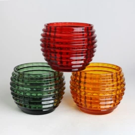 China yellow green red 3 sizes wavy wall glass candle jar manufacturer