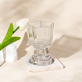 China Luxury Stripe Glassware Custom Color Candle Vessel Soy Candle Holder with Base manufacturer