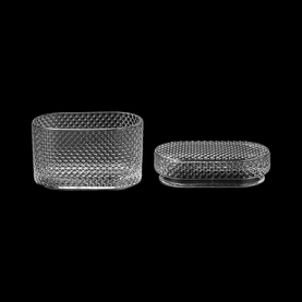 China Wholesale Newly 450ml Pearl Beads Oval Shape Glass Candle Holder With Matched Glass Lids manufacturer