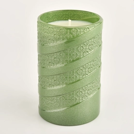 China Luxury Green Glass Candle Vessels with Embossed Design manufacturer