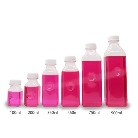 China 100 ml 200 ml 350 ml 450 ml 750 ml 900 ml Quadratische Kunststoff-Saftflaschen Hersteller