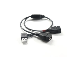 الصين 90 درجة الزاوية اليمنى USB 2.0 ذكر إلى 2 مزدوج USB أنثى جاك Y الفاصل محور كابل مهايئ سلك الطاقة الصانع