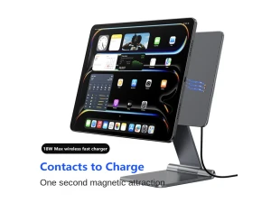 Supporto magnetico per iPad con ricarica wireless. Contatti da 18 W per caricare i supporti magnetici per tablet