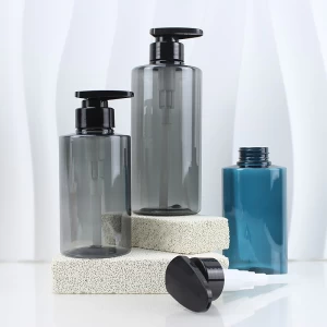 Simple Design Empty Blue Gray 300ml 500ml PET Flat Shoulder Lotion Oil Cleanser Plastic Pump Bottles for hair oil