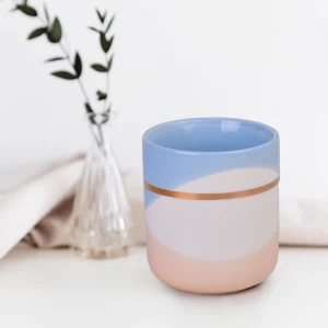 Custom gold loop blue white orange wavy pattern empty ceramic candle container jar