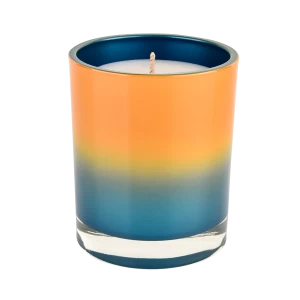 Оптовый стеклянный контейнер для свечей с прямым краем, синий градиент, оранжевый декор