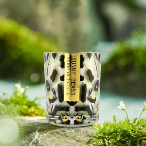 Luxuriöses Kerzenglas aus Glas mit grünem, schwarzem und goldenem Punkttintenmuster im Großhandel