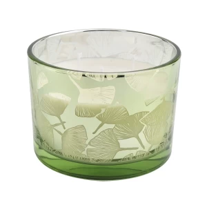 Großhandel 500 ml großes Glaskerzenglas mit weitem Mund und grünem Lotusblattmuster