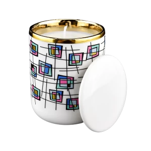 Barattoli di candele in ceramica colorata all'ingrosso con blocchi di colore sul coperchio per la decorazione domestica