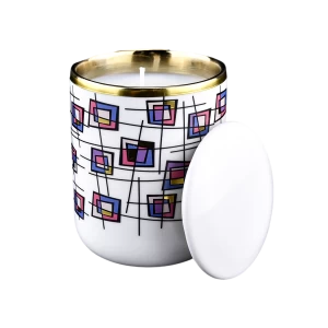 Tarros de vela de cerámica con borde dorado, bloque rojo, rosa, azul, personalizado, moderno, con tapa para fabricación de velas