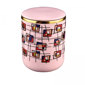 Portavelas de cerámica con tapa, venta al por mayor, patrón de bloques multicolores rosas para hacer velas