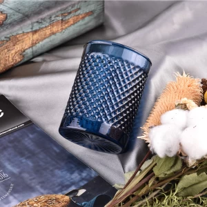 Custom recessed grain pattern blue glass candle jars for candle making