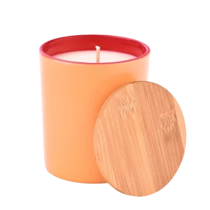 Wholesale large flat bottom inside red outside orange glass candle holder with wooden lids