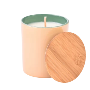 Newly designed inside green outside apricot glass candle holder with wooden lids home decor