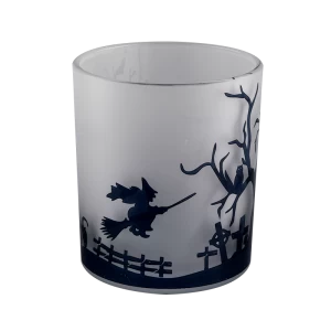 الجملة الجرار شمعة زجاجية بيضاء بلوري مع تصاميم الهالوين السوداء