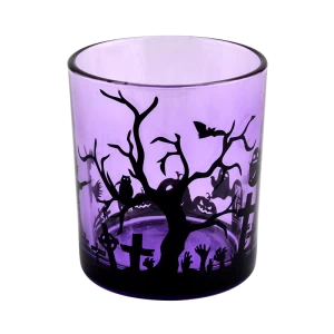 メーカー直接カスタム紫色のハロウィーンの落書き装飾された空のガラスのキャンドル瓶