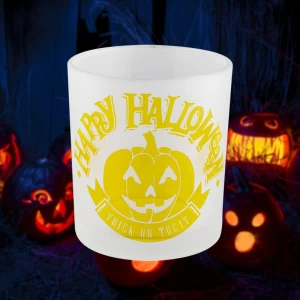 Custom frosted yellow pumpkin Halloween pattern glass candle jar candle holder decoration