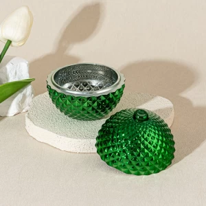 Jarra de vela de vidrio verde esférico personalizado con tapa