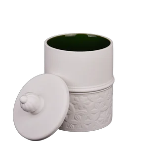 Customized white and dark green engraved ceramic candle holder with lid
