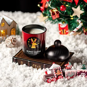 批发圣诞渐变红色和黑色驯鹿贴纸玻璃蜡烛装在带木盖的罐子里
