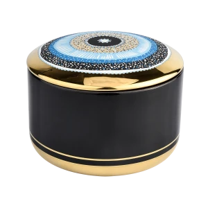 批发黑金珐琅图案陶瓷蜡烛罐带盖