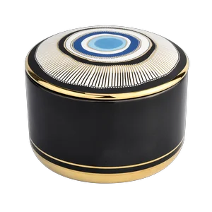 独特设计蓝眼图案带盖陶瓷蜡烛罐