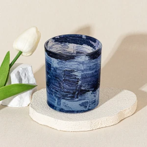 豪华定制手绘蓝调肌理玻璃蜡烛罐
