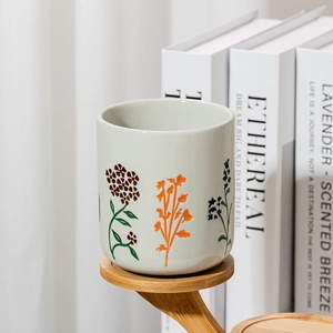 Grand pot de bougie en céramique de 480 ml avec motif botanique peint à la main