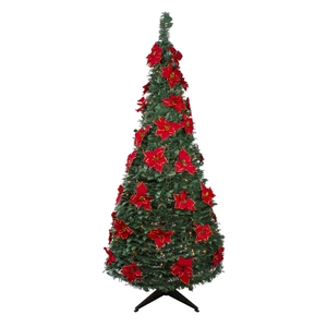 Albero di Natale pre-illuminato Senmasine 6' Alberi di Natale pieghevoli artificiali pop-up Poinsettia pre-decorati