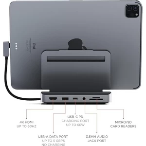 USB-C-Hub-Dockingstation mit Aluminiumstand für iPad Pro | 6-in-1 iPad Pro USB-C-Hub mit 4K HDMI, PD-Lade-, USB-A-, Audio- und SD-Kartenleser