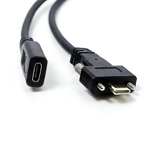 Cable de bloqueo de tornillo USB 2.0 tipo C hembra a tipo C macho | Conector chapado en oro | Extensión USB-C segura para montaje en panel