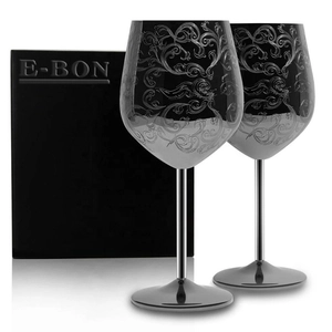 China Gravura Design Acabamento Chapeado Preto Aço Inoxidável Fabricantes de Copos de Vinho de Qualidade Alimentar