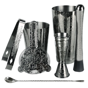 Etching Pattern With Black Plated Finishing Cocktail Mixing shaker Bar tool Set