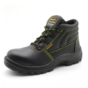 TM051 negro cuero genuino antideslizante suela de pu punta de acero placa media zapatos de seguridad botas