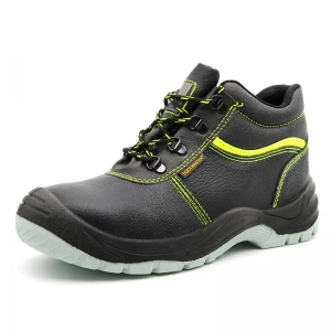 Tm2029 sapatos de segurança de mineração de couro preto resistente a ácido antiderrapante com biqueira de aço de placa média