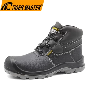 TM063 Anti slip pu sole black leather prevent puncture men safety boots with steel toe cap