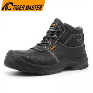 TM009 Zapatos de seguridad con punta de acero de cuero genuino negro con suela de pu resistente al aceite y al deslizamiento CE S3