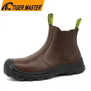 TM168 Zapatos de seguridad para hombre con suela de PU de cuero de vaca marrón y punta de acero sin cordones